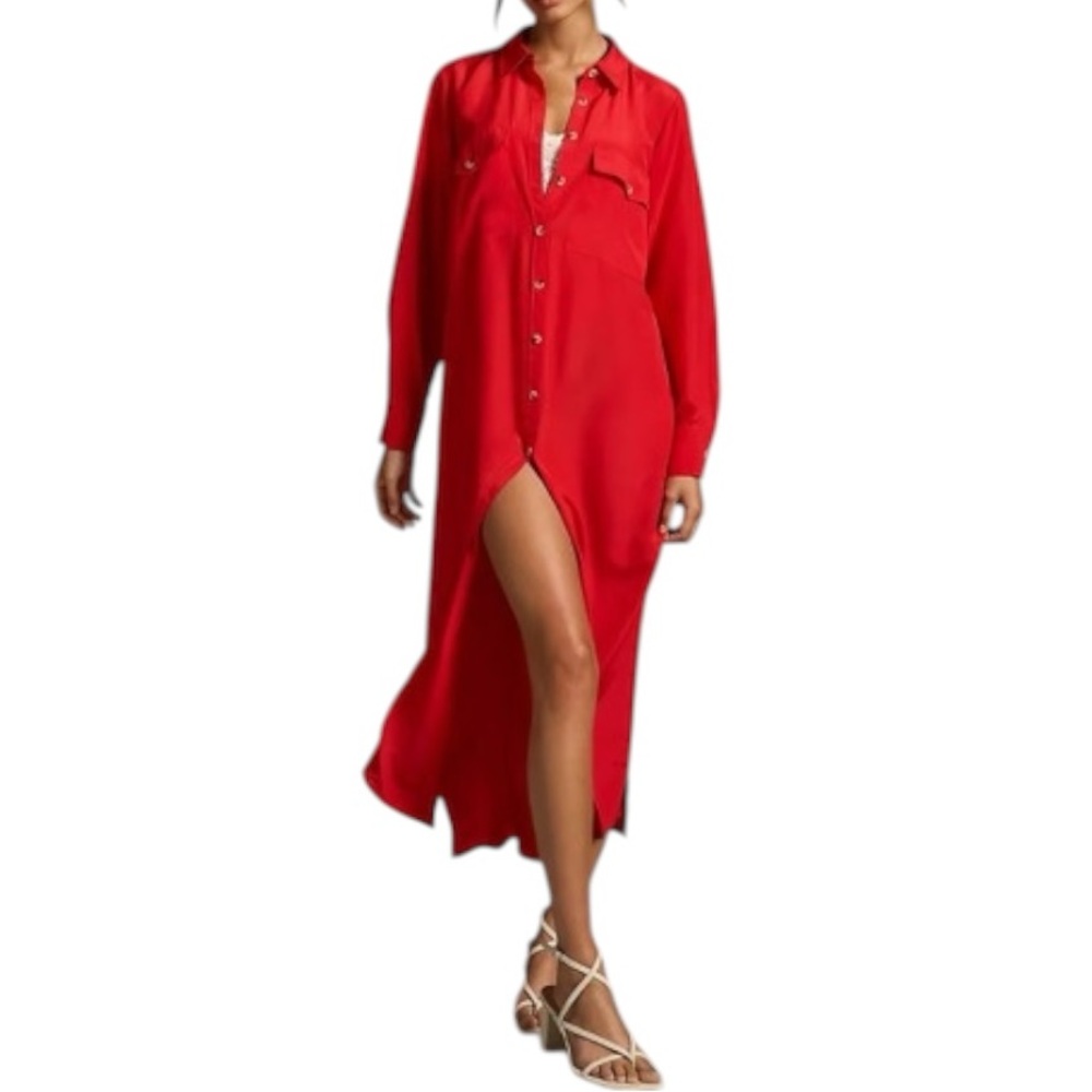 Anthropologie Long Sleeve Silk Maxi Shirt Dress - Red - Size Small - NWT